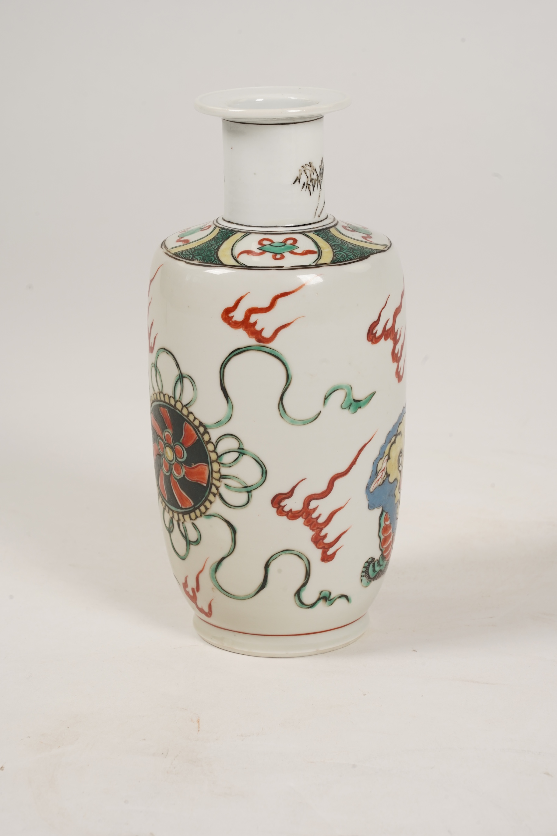 A Chinese famille verte 'Buddhist lion' rouleau vase, probably Kangxi period